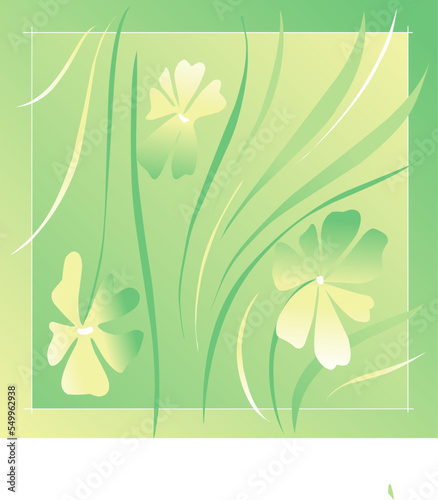 Square arrangement of flowers and narrow leaves.