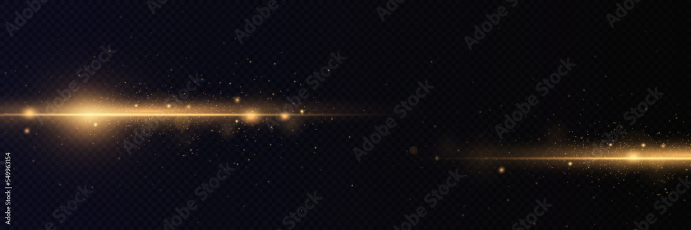 Obraz premium Yellow horizontal lens flares pack. Laser beams, horizontal light rays. Beautiful light flares. Glowing streaks on dark background. 