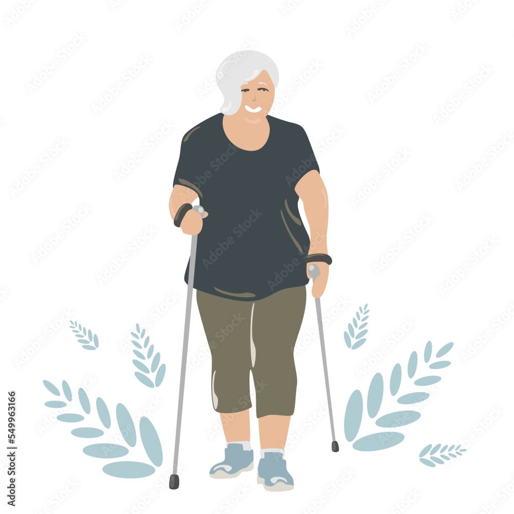 Fototapeta premium Old woman doing Nordic walking, old man doing sports with sticks in sports clothes. Useful active recreation, flat vector illustration on white background.