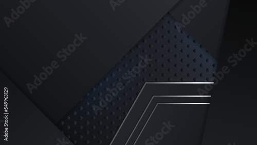 Black background with metal line hexagon texture and shiny light rays. Vector abstract graphic design banner pattern presentation background wallpaper web template.