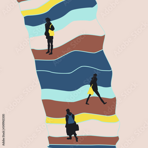 Illustration of a colored abstract road and people on it, the passage of time and active work as a lifestyle, vector isolated on a light beige background.