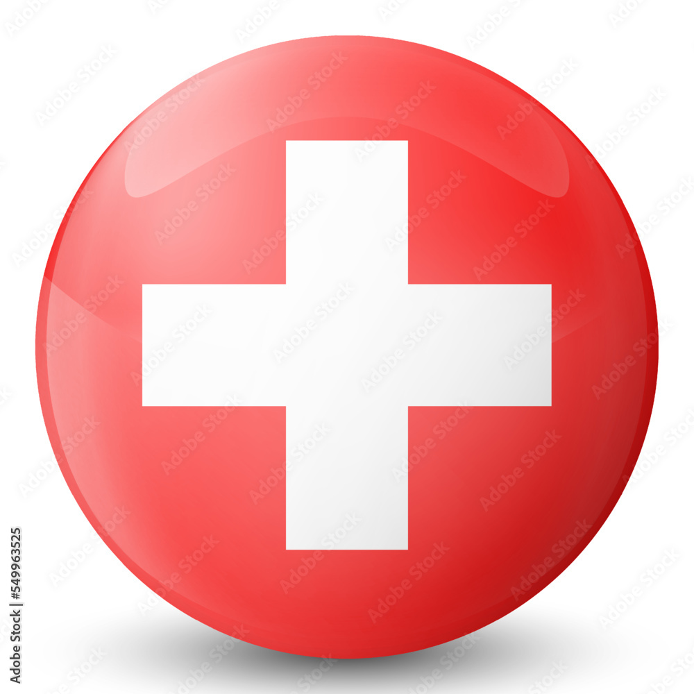 Glass light ball with flag of Switzerland. Round sphere, template icon. Swiss national symbol. Glossy realistic ball, 3D abstract vector illustration highlighted on a white background. Big bubble. Glass light ball with flag of Switzerland. Round sphere, template icon. Swiss national symbol. Glossy realistic ball, 3D abstract vector illustration highlighted on a white background. Big bubble.