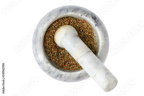 Canvastavla Overhead view of pepper mortar with pestle