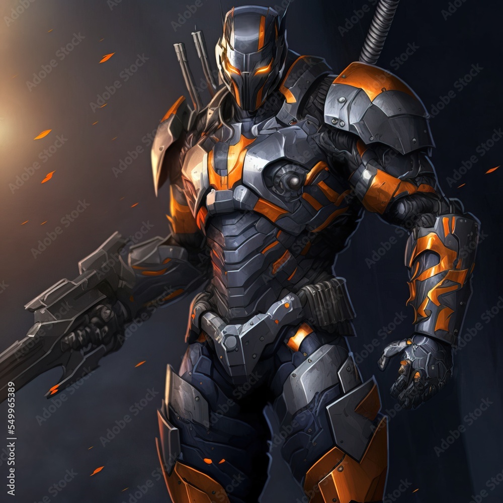 Sci-fi mech soldier on a dark background. Military futuristic robot  warrior. Robot mech with orange paint. Front view. 3D rendering ilustración  de Stock | Adobe Stock