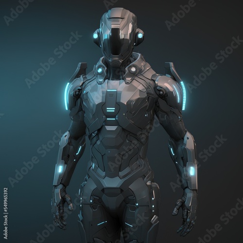 Sci-fi robotic exoskeleton armor with human operator inside, robot with neon glow 3d illustration photo