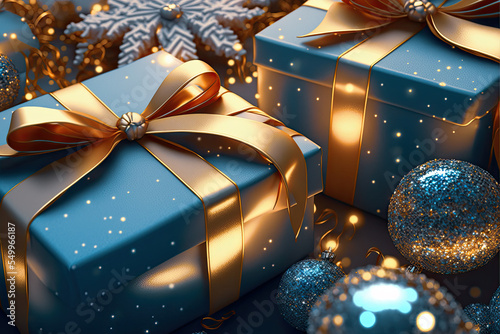 Luxury Christmas background with gifts, Christmas balls, gold ribbons and sparkles. Digital art.