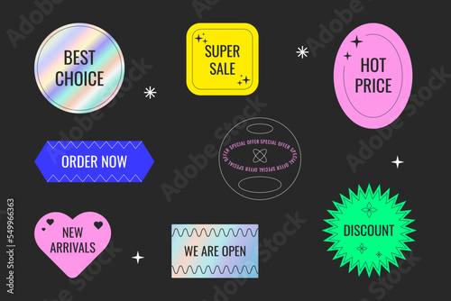 Cool trendy sale stickers for business. Geometric elements for store sale, online promotion or social media post. Y2K style. 