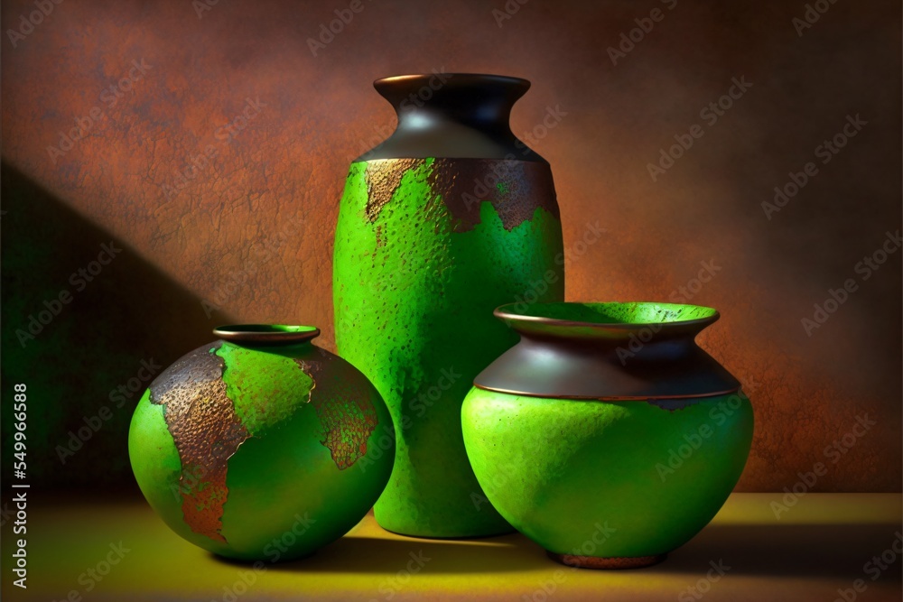 creative pottery, green glazed clay pots, japanese ceramic vessel