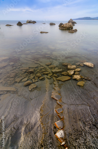 Sea/ocean rock landscape. Black Sea. Lisya Bay. Ridge Echki-Dag. Crimea. Ukraine