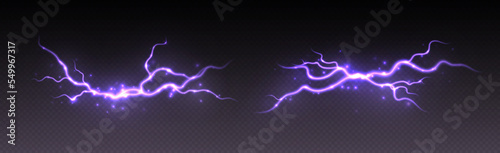 Thunderstorm lightning, thunderbolt strike with sparkles, realistic electric zipper, energy flash light effect, purple lightning bolt isolated on dark background. Vector illustration.