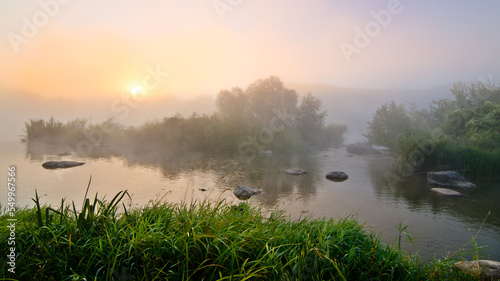 Fantastic foggy river with fresh green grass in the sunlight. Sun beams through tree island. Dramatic colorful scenery. South buh riverl. Ukraine, Europe. Beauty world nature background