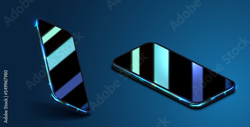 A new china mobile phone with a reflection on the screen on a polished background. Layout or template of mobile phones. Phone different angles views. Vector illustration