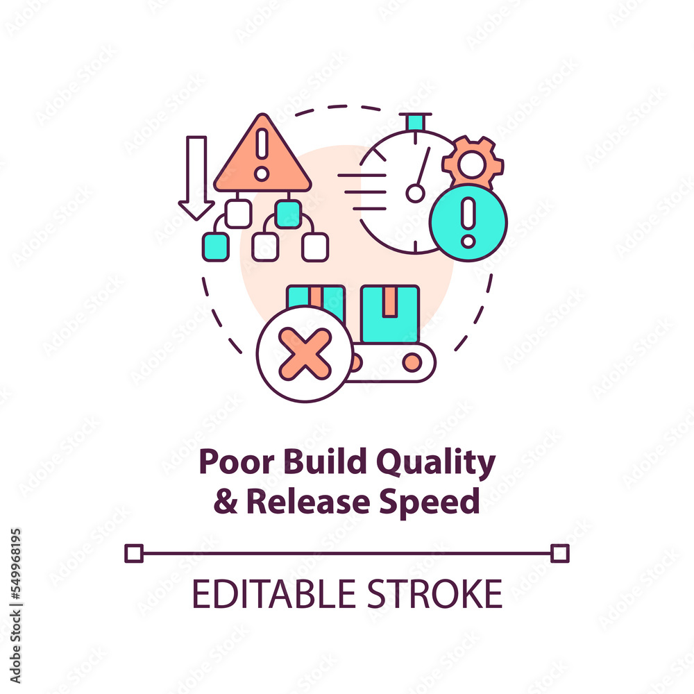 Poor build quality and output speed concept icon. Common release management challenge abstract idea thin line illustration. Isolated outline drawing. Editable stroke. Arial, Myriad Pro-Bold fonts used