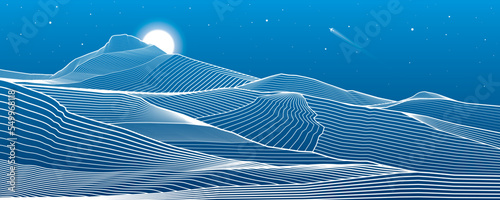 Mountains outline illustration. Night desert landscape. Sand dunes. Moon and stars. Vector design art