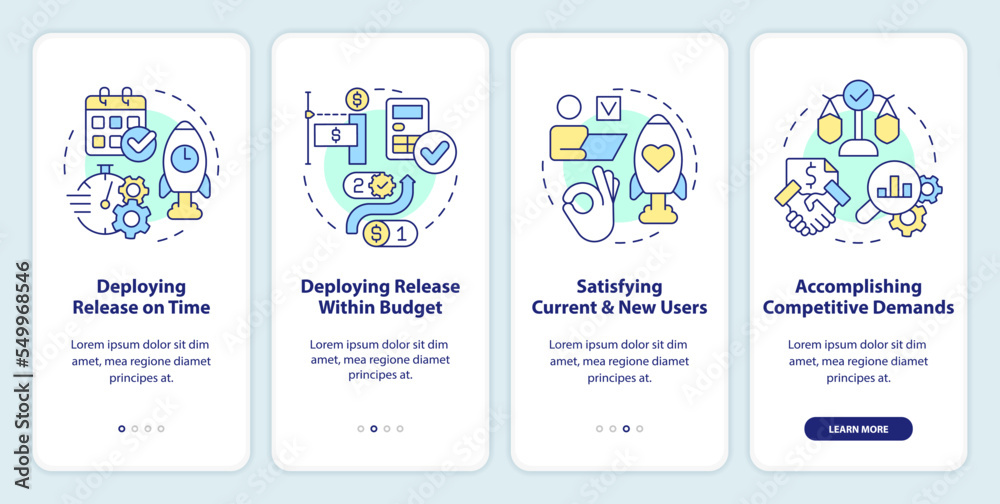 Release management success indicators onboarding mobile app screen. Walkthrough 4 steps editable graphic instructions with linear concepts. UI, UX, GUI template. Myriad Pro-Bold, Regular fonts used