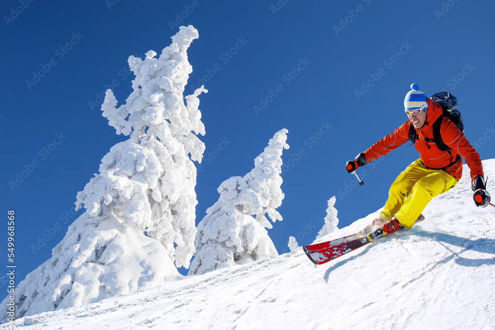 Skier skiing downhill in high mountains against against the fairytale winter forest.