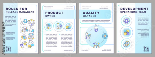 Roles for release team work brochure template. Software delivery. Leaflet design with linear icons. Editable 4 vector layouts for presentation, annual reports. Arial, Myriad Pro-Regular fonts used