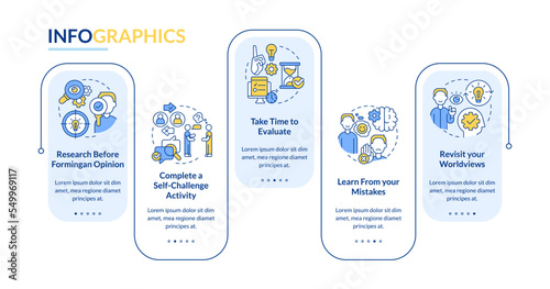 Avoiding confirmation bias tips rectangle infographic template. Data visualization with 5 steps. Editable timeline info chart. Workflow layout with line icons. Lato-Bold, Regular fonts used