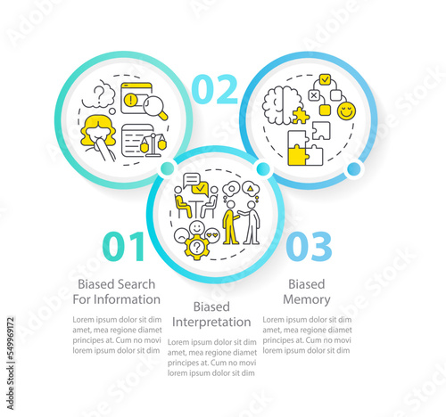 Common confirmation bias circle infographic template. Decision making. Data visualization with 3 steps. Editable timeline info chart. Workflow layout with line icons. Myriad Pro-Regular font used
