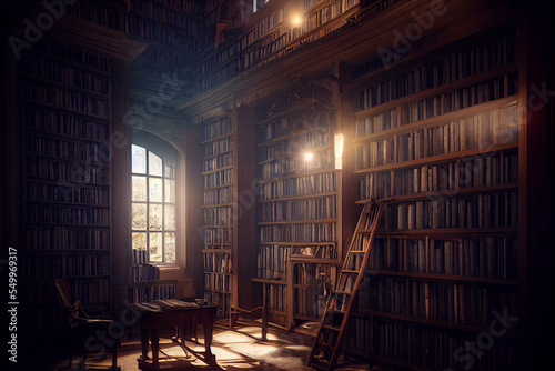 3d rendering library old books on shelves isolated