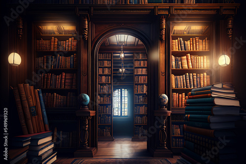 Photographie 3d rendering library old books on shelves isolated