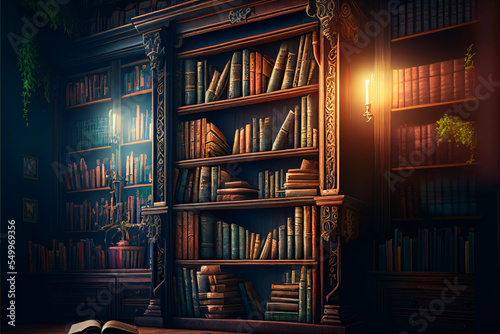 3d rendering library old books on shelves isolated