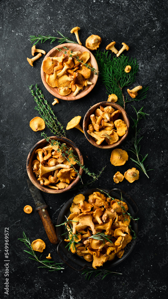 Chanterelle mushrooms are ready to cook in a bowl. Top view. Free space for text. Chanterelle mushrooms are ready to cook in a bowl. Top view. Free space for text.