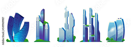 A set of modern skyscrapers in different architectural styles. Full-color vector illustrations.