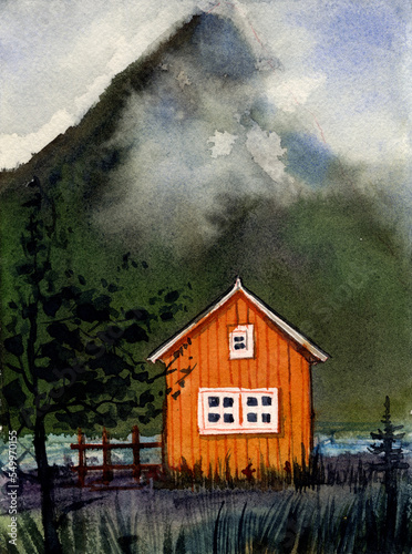  Northern Europe. Illustration by a watercolor of an orange, cozy house in the mountains. Illustration of a northern landscape with a cloud, a house, and a tree in the foreground.