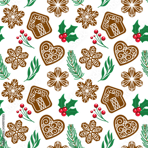 Traditional gingerbread cookies, christmas print. Seamless pattern. Vector.