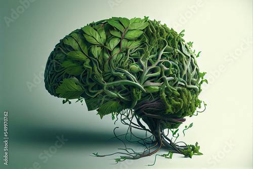 Illustration of human brain formed from the plexus of various green plants.  photo