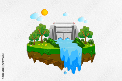 The dam that generates electricity or Hydroelectric conveys environmental conservation, Air island with abundance forest and river ecology, Sustainable of ecosystem go green and Save the planet day.