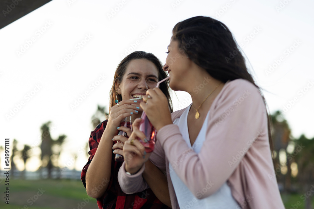 Beautiful lesbian young couple embraces. Girls drinking juice. LGBT community. Beautiful lesbian young couple embraces. Girls drinking juice. LGBT community.