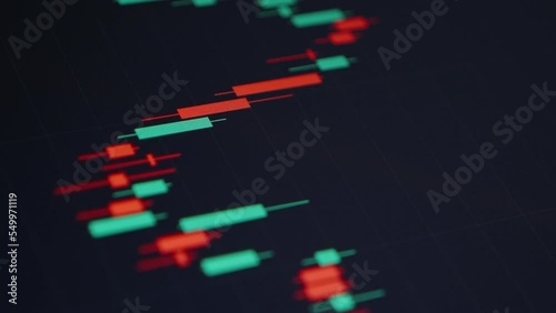 Verticaln: Screen with stock market online chart showing Japanese candlesticks, electronic trading platform, investment trends, crypto currency growth diagram, selective focus. Concept of finance photo