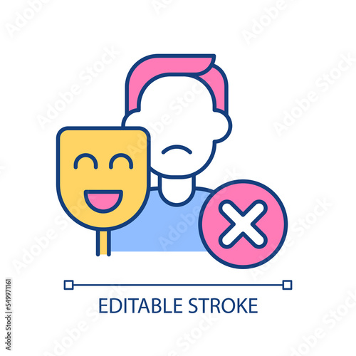 Stop hypocrisy RGB color icon. Unmasking imposter syndrome. Fake emotions. Hiding bad feelings. Isolated vector illustration. Simple filled line drawing. Editable stroke. Arial font used