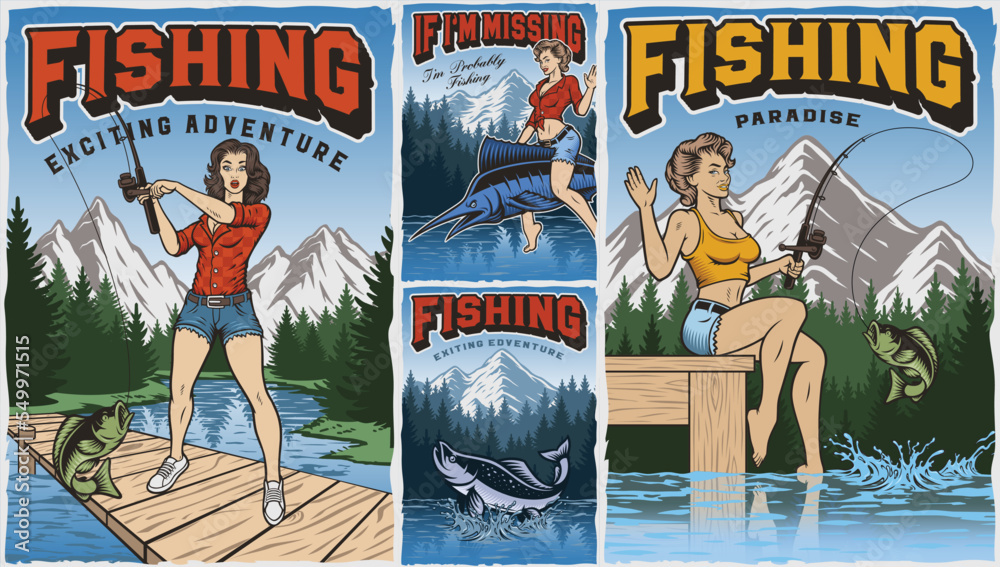 Set of vintage fishing posters with pin up girls Stock Vector
