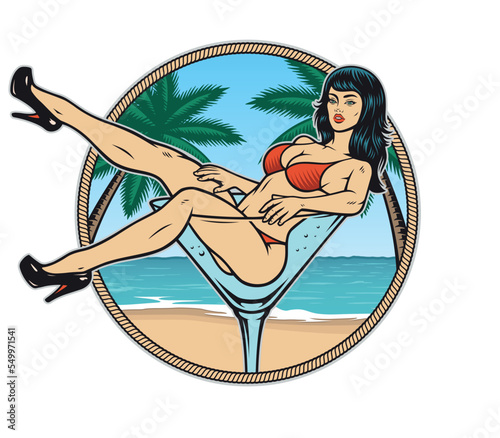 Colour vintage badge with a pin up girl in a wineglass