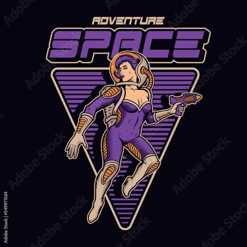 Pin up girl astronaut with a cosmic weapon, t-shirt design