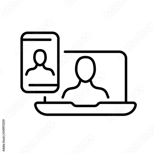 Laptip and phone line icon. Employees, workflow, worldwide, delegate, planet, online, subordinates, hierarchy, media, feedback, website. Vector black line icon on a white background