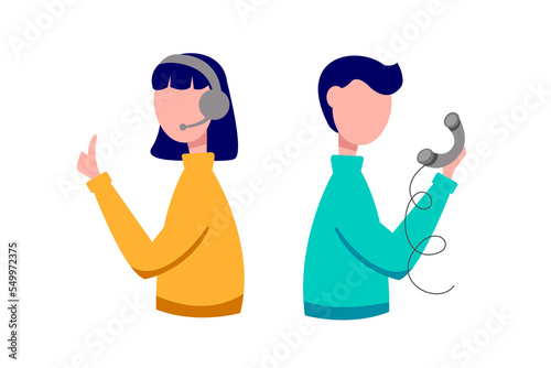 Man and woman call center operators. Customer service, online and phone consultation. illustration isolated on white background.
