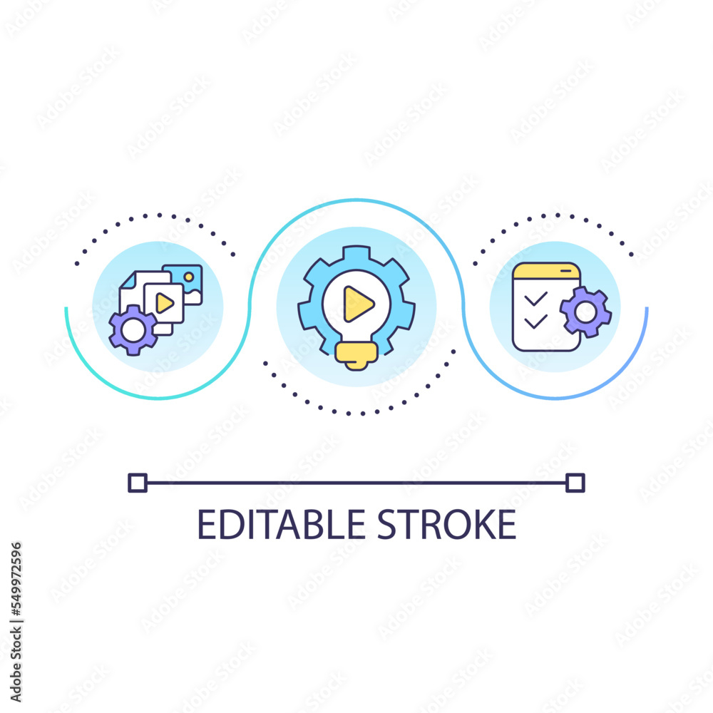 Publishing tools loop concept icon. Posting on social media. Create content. Multimedia optimization abstract idea thin line illustration. Isolated outline drawing. Editable stroke. Arial font used Publishing tools loop concept icon. Posting on social media. Create content. Multimedia optimization abstract idea thin line illustration. Isolated outline drawing. Editable stroke. Arial font used