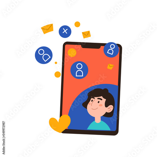 Tablet with feedback. Share, pointer, thumbs up, star, like, heart, favorites, important, call back, comment, speechbubble, dialogue. Button for social network. Flat style. Man on a white background