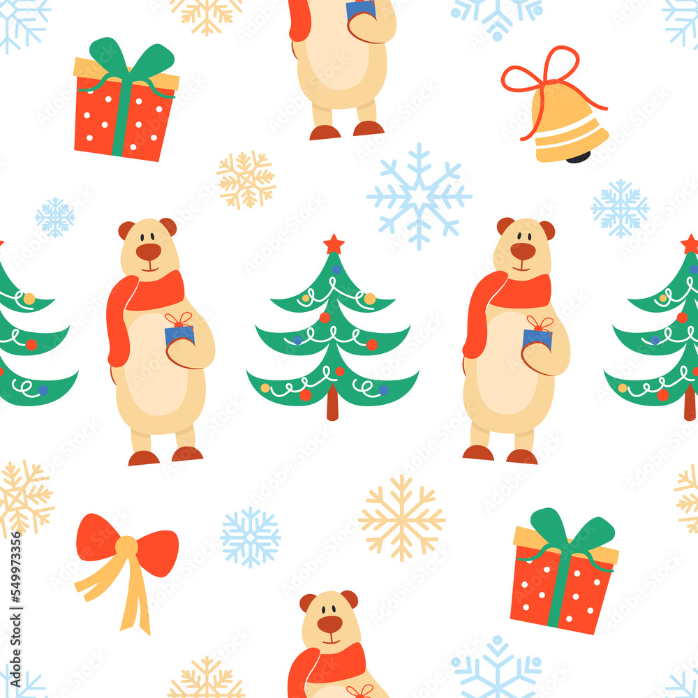 Christmas pattern with a cute bear holding a gift. Bright festive background. illustration.