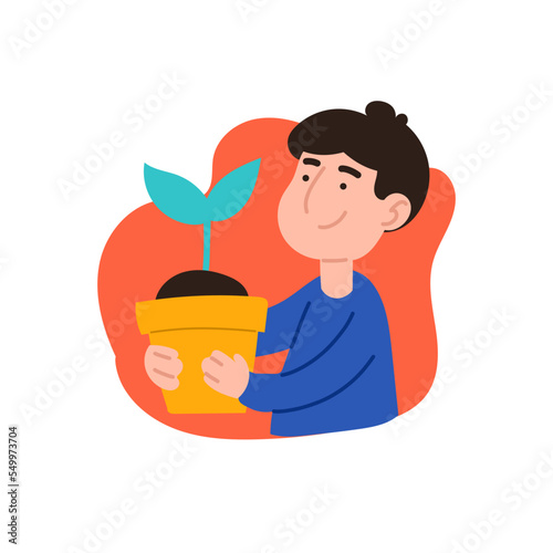 The boy holding a flower pot. Flowers, gardening, greenpeace, botany, phytology, photosynthesis. Nature care concept. Flat style. Man in a blue tshirt and green pants on a white background