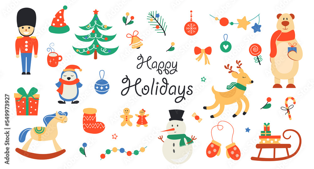 Naklejka premium Set of New Year and Christmas elements and cute animals. illustration.