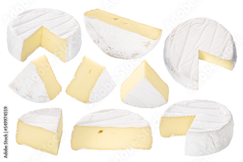 Camembert or brie soft-ripened cheese with white mold, pieces, wheels, halves isolated png photo