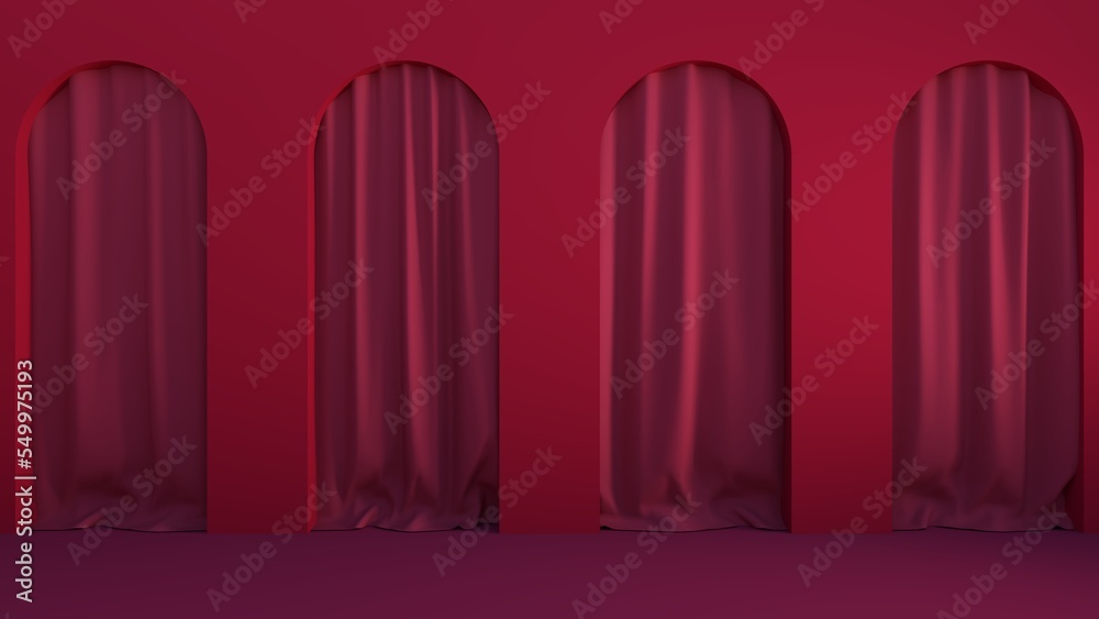 3d render, abstract Strong Red velvet  and purple velvet for cenema geometric, architectural room of entertainment movie concept, Red curtain and purplewall,  surreal background. 3D renderiing 06