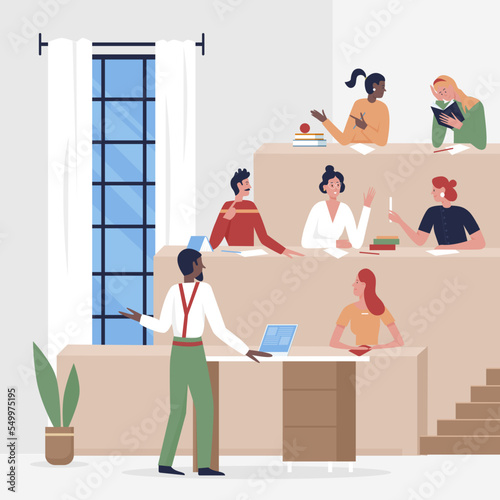 University professor communication with students in college lecture hall conference auditorium education concept interior vector illustration.