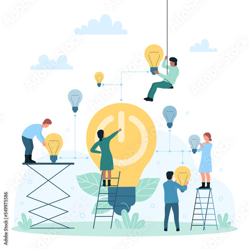 Environmental conservation and green technology to save energy and electricity vector illustration. Cartoon tiny people pressing power button inside light bulb, employees holding bright lamps