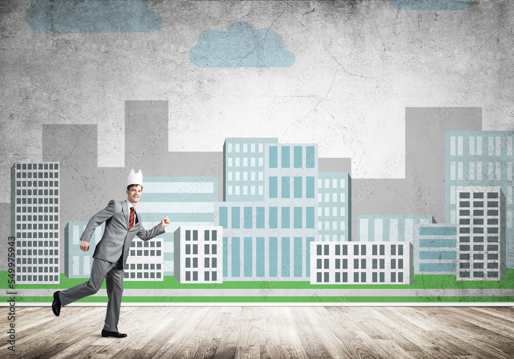 King businessman in elegant suit running and cityscape silhouette at background King businessman in elegant suit running and cityscape silhouette at background